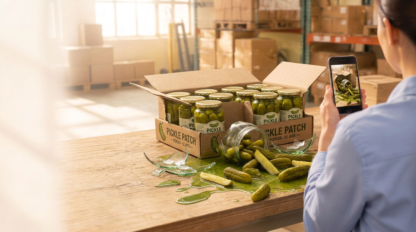 A worker photographing a carton of pickle jars with one broken jar spilling across a warehouse bench with their phone